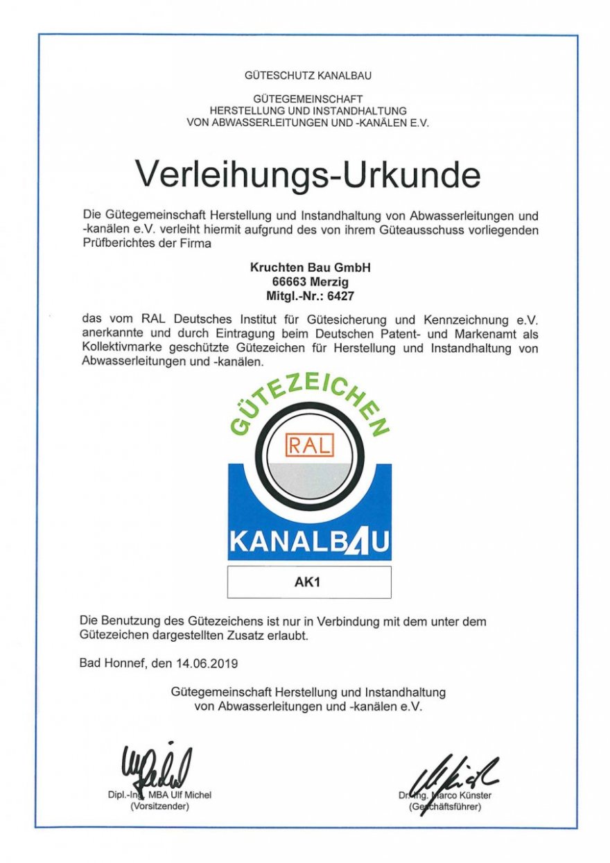Verleihungs-Urkunde des Gütezeichens Kanalbau AK1